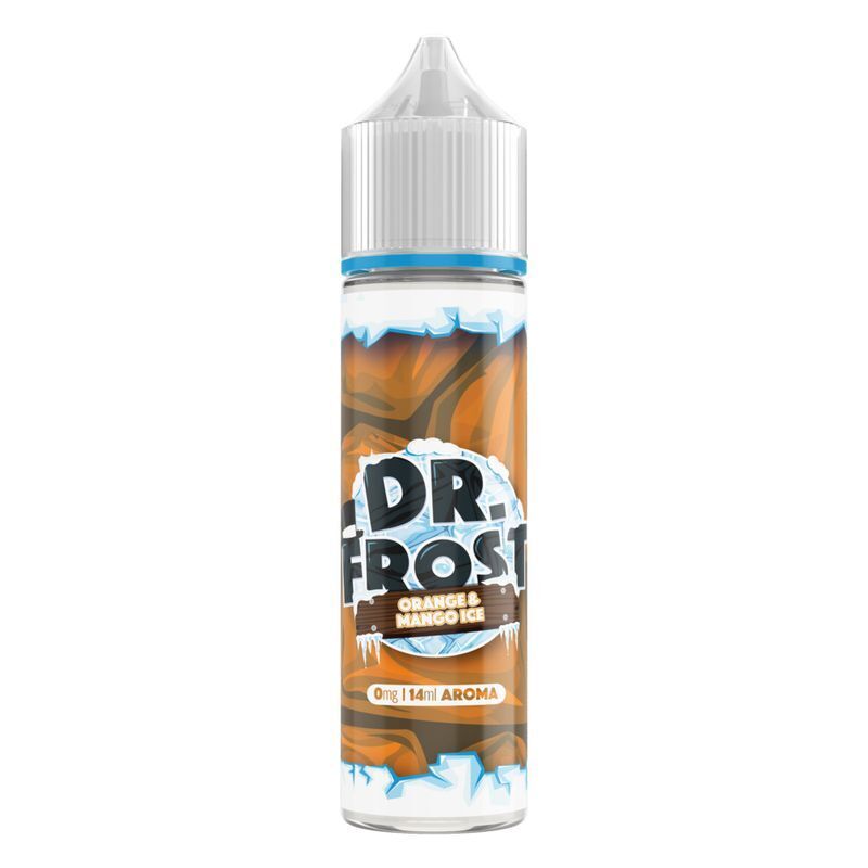 Aroma Orange & Mango Ice von Dr. Frost Dr. Frost Aroma Orange & Mango Ice Flasche mit weißem Deckel, frostiges Design in Braun- und Blautönen, 0 mg, 14 ml Aroma.