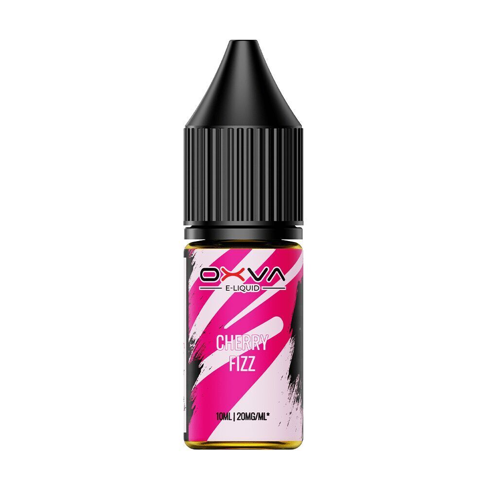 Oxva Nikotinsalz-Flasche Cherry Fizz 20mg mit schwarzem Deckel, pink-weißem Etikett und schwungvollen Farbstrichen.