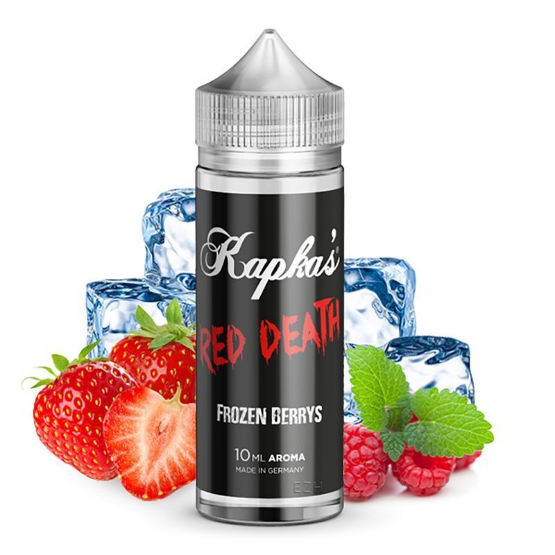 Aroma Red Death von Kapkas Kapkas Aroma Red Death mit Erdbeeren, Himbeeren, Minze und Eiswürfeln abgebildet, 10 ml Flasche mit schwarzem Etikett.