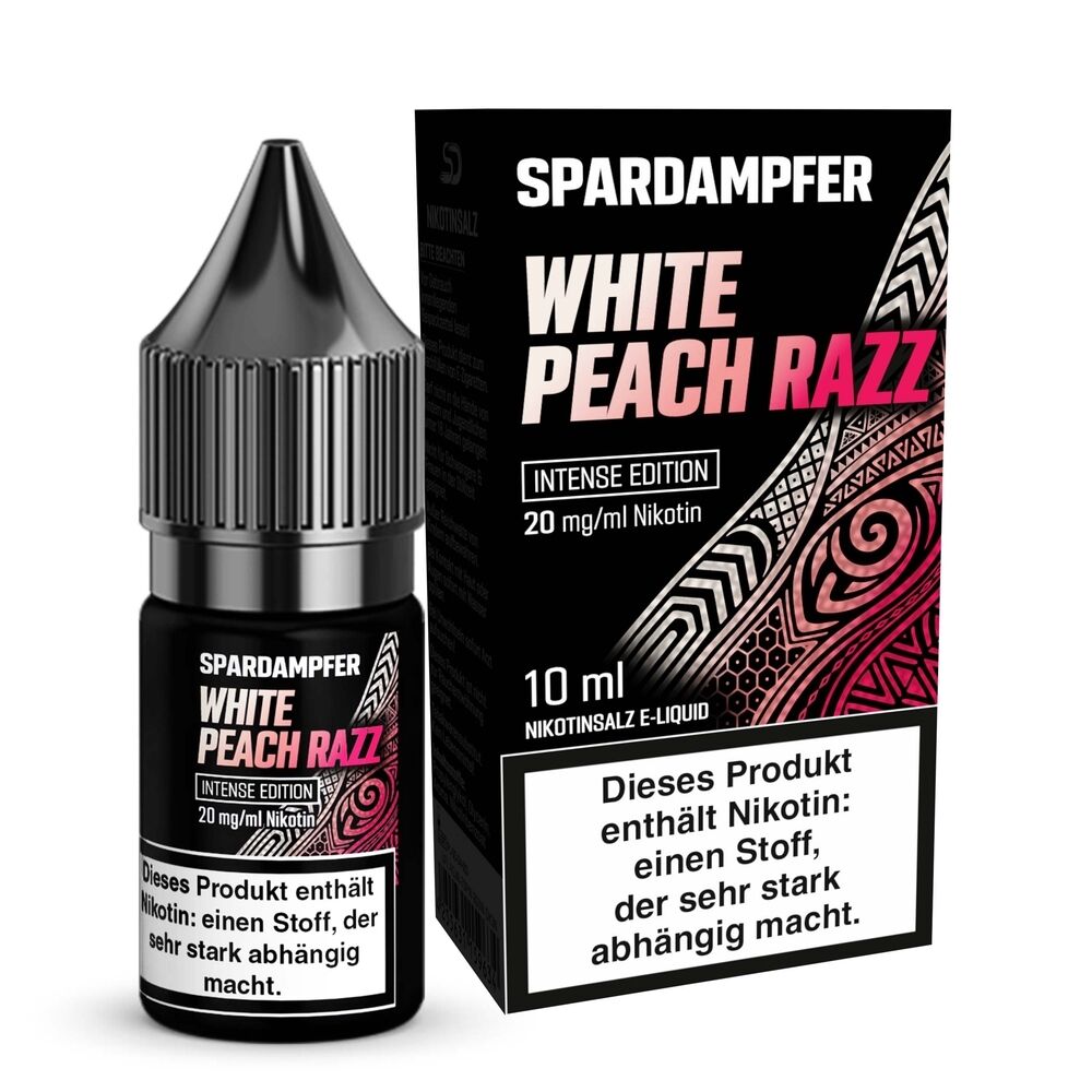 Spardampfer-Nikotinsalz-White-Peach-Razz-20mg.jpg Spardampfer White Peach Razz Nikotinsalz E-Liquid, 10 ml Flasche und Verpackung, 20 mg/ml Nikotin, Warnhinweis sichtbarer Text.