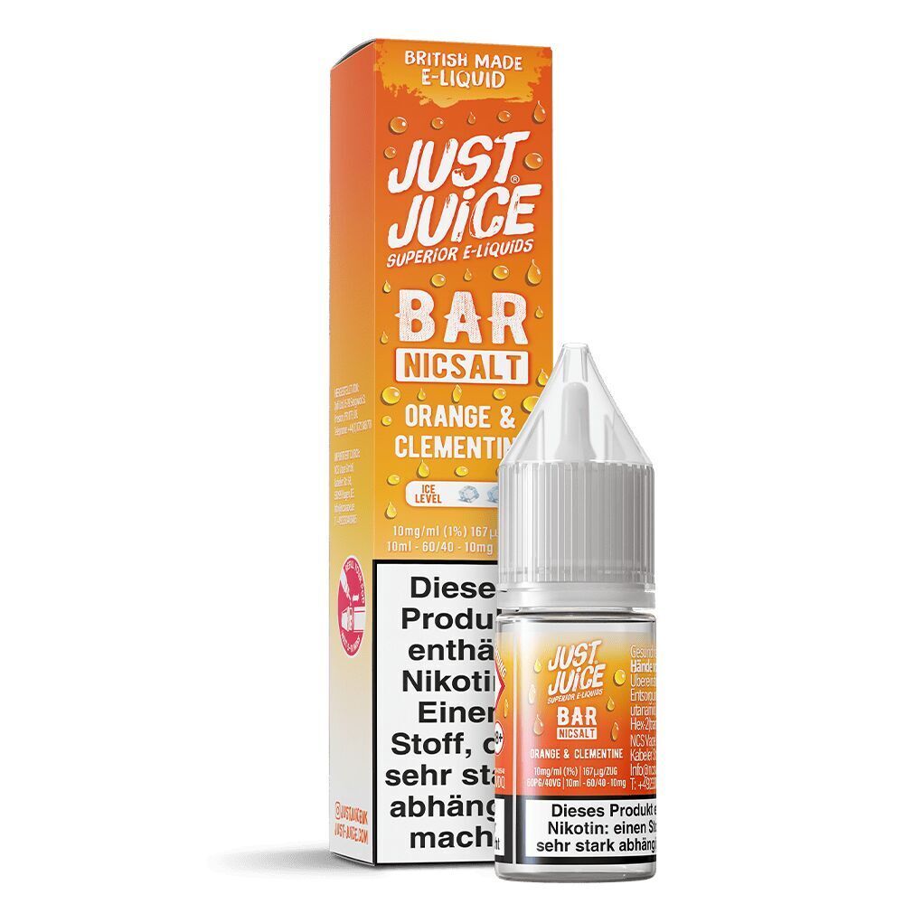 Liquid Orange & Clementine 10mg - Just Juice Just Juice Nikotinsalz Orange & Clementine Nikotinflasche und Verpackung mit orangefarbenem Design und Produktwarnung