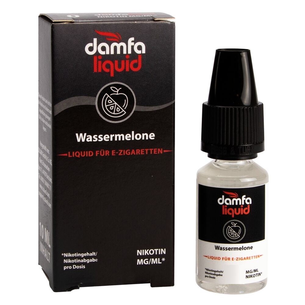 Liquid Wassermelone 12mg - Damfaliquid E-Liquid Flasche und Verpackung Damfaliquid Liquid Wassermelone für E-Zigaretten, erkennbarer Text mit Nikotinangabe auf schwarzem Hintergrund