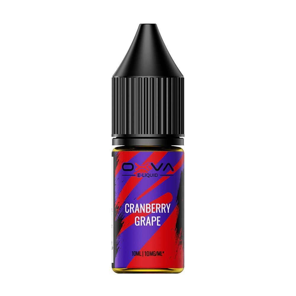 Flasche Oxva Nikotinsalz Cranberry Grape E-Liquid, 10ml, schwarzer Verschluss, blau-rot gestreiftes Etikett mit Markennamen und Nikotinstärke 10mg/ml.