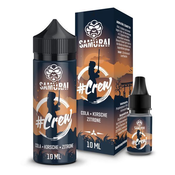 Aroma #Crew von Samurai Samurai Aroma #Crew Flaschen und Verpackung mit Silhouetten von Samurais, Geschmacksrichtung Cola, Kirsche, Zitrone