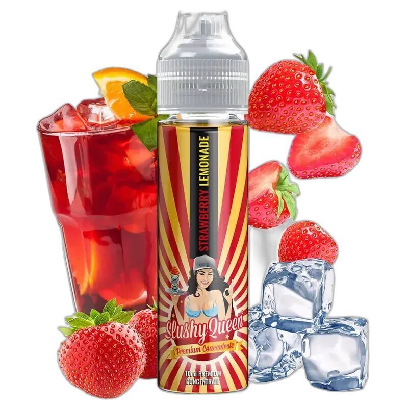 Aroma Strawberry Lemonade - PJ Empire Flasche PJ Empire Aroma Strawberry Lemonade vor Glas mit rotem Getränk, Erdbeeren und Eiswürfeln