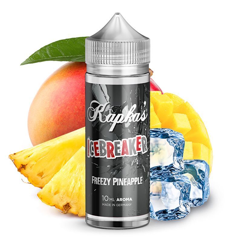 Aroma Icebreaker von Kapkas Kapkas Aroma Icebreaker E-Liquid Flasche umgeben von Ananas, Mango und Eiswürfeln, auffälliges Branding mit "Freezy Pineapple".