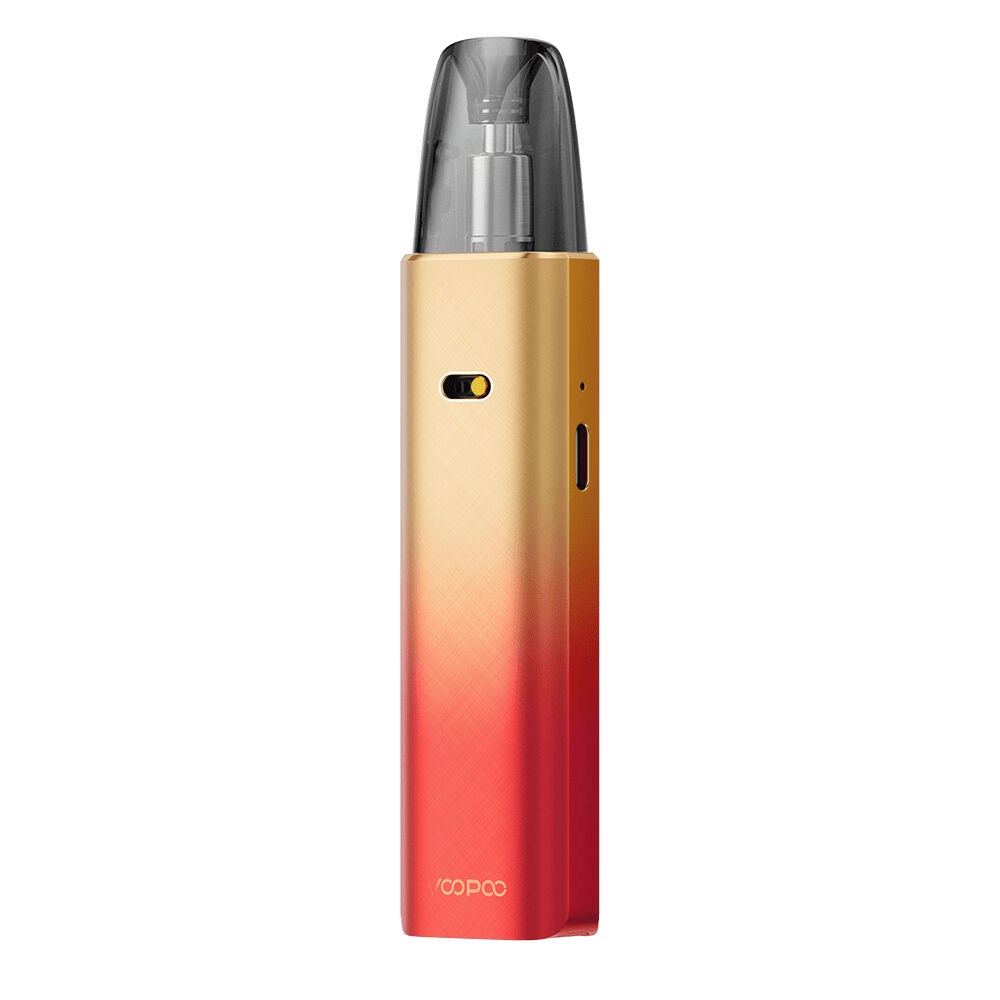 217029-8_2 Voopoo Argus G4 Pod Kit in orange mit Farbverlauf von gold zu rot, klarer Pod-Aufsatz, seitlicher Knopf und Logo sichtbar.