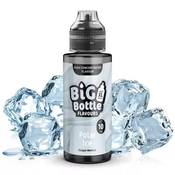 Aroma Polar Ice von Big Bottle Flavours Flasche Big Bottle Flavours Aroma Polar Ice mit Eiswürfeln im Hintergrund, 10 ml, eisiges Mentholgeschmack