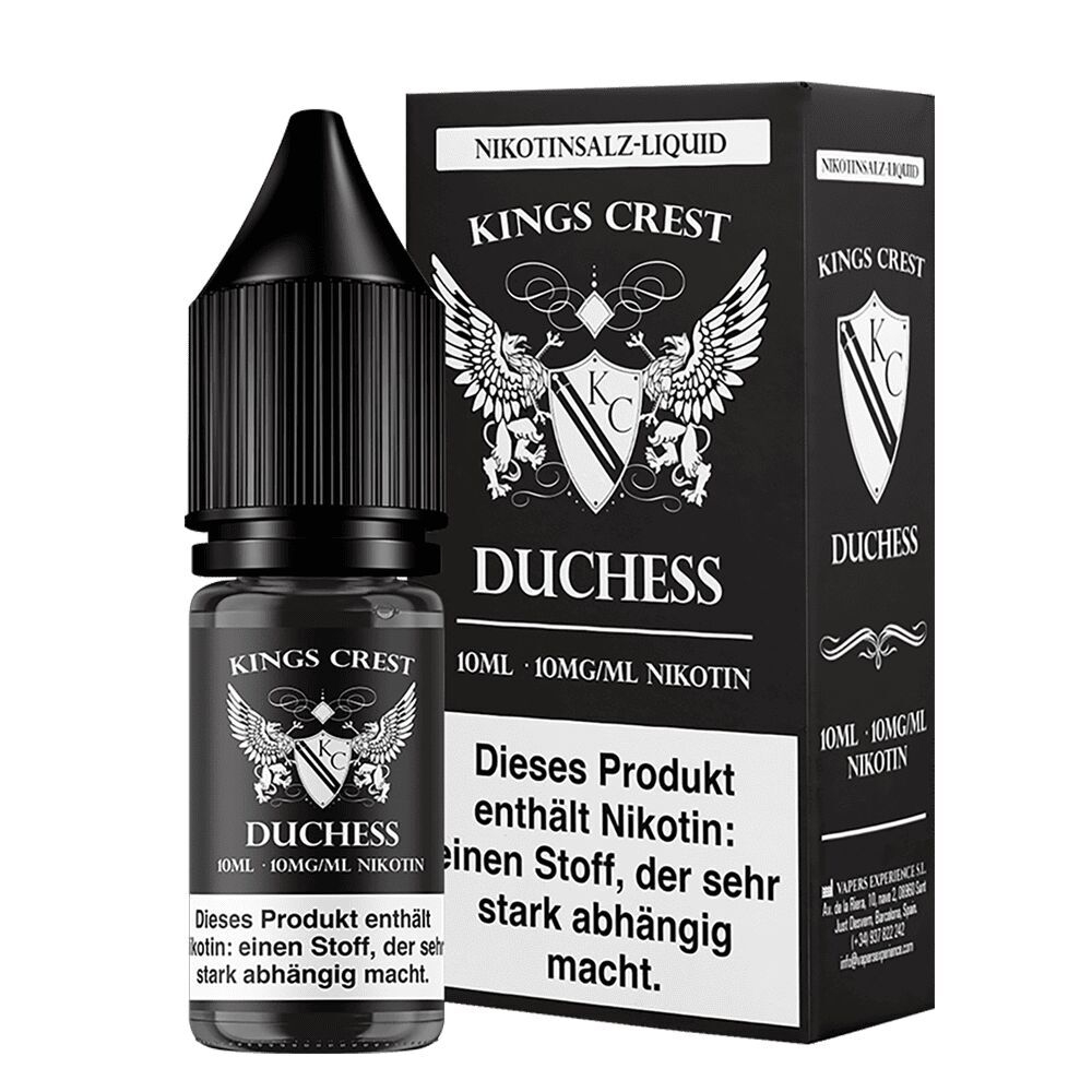 Kings Crest Nikotinsalz-Liquid Duchess 10mg Flasche und Verpackung mit Logo, Warnhinweis zur Nikotinsucht auf der Verpackung sichtbar.