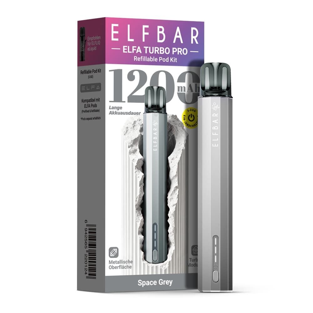 Elfbar Elfa Turbo Pro Pod Kit in Space Grey vor der Verpackung mit 1200 mAh Hinweis und metallic Oberfläche sichtbar.