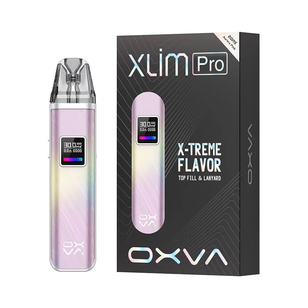 Oxva Xlim Pro Pod Kit in Aurora Pink mit Display und Verpackung, auf der „X-Treme Flavor“ und „Top Fill & Lanyard“ steht.