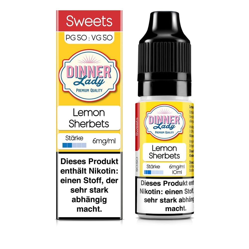 Liquid Lemon Sherbets mit 6mg Nikotin von Dinner Lady Dinner Lady Liquid Lemon Sherbets 6mg: gelbe Verpackung und Flasche mit Nikotinwarnung, stark abhängig machend, 10ml, PG 50: VG 50.