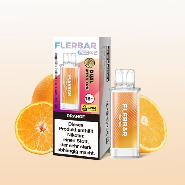 Orange 20mg - Flerbar Pods Flerbar Pods Orange 20mg, verpacktes Produkt und Pod vor zwei halbierten Orangen, enthält Nikotin, Warnhinweise sichtbar.