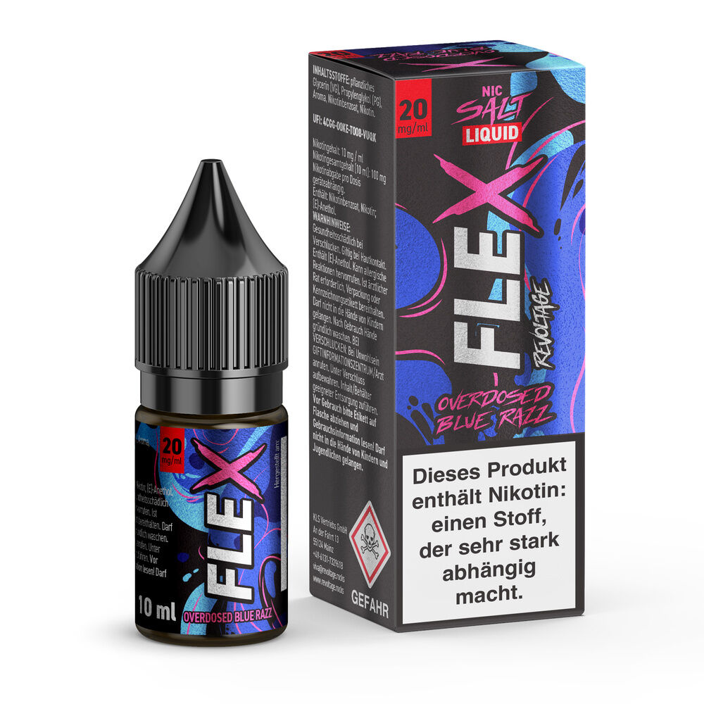 Revoltage Flex Nikotinsalz - Blue Razz Flasche und Verpackung von Revoltage Flex Nikotinsalz Blue Razz 20mg, schwarzes Design mit blauen Akzenten und Warnhinweis, 10 ml Inhalt.
