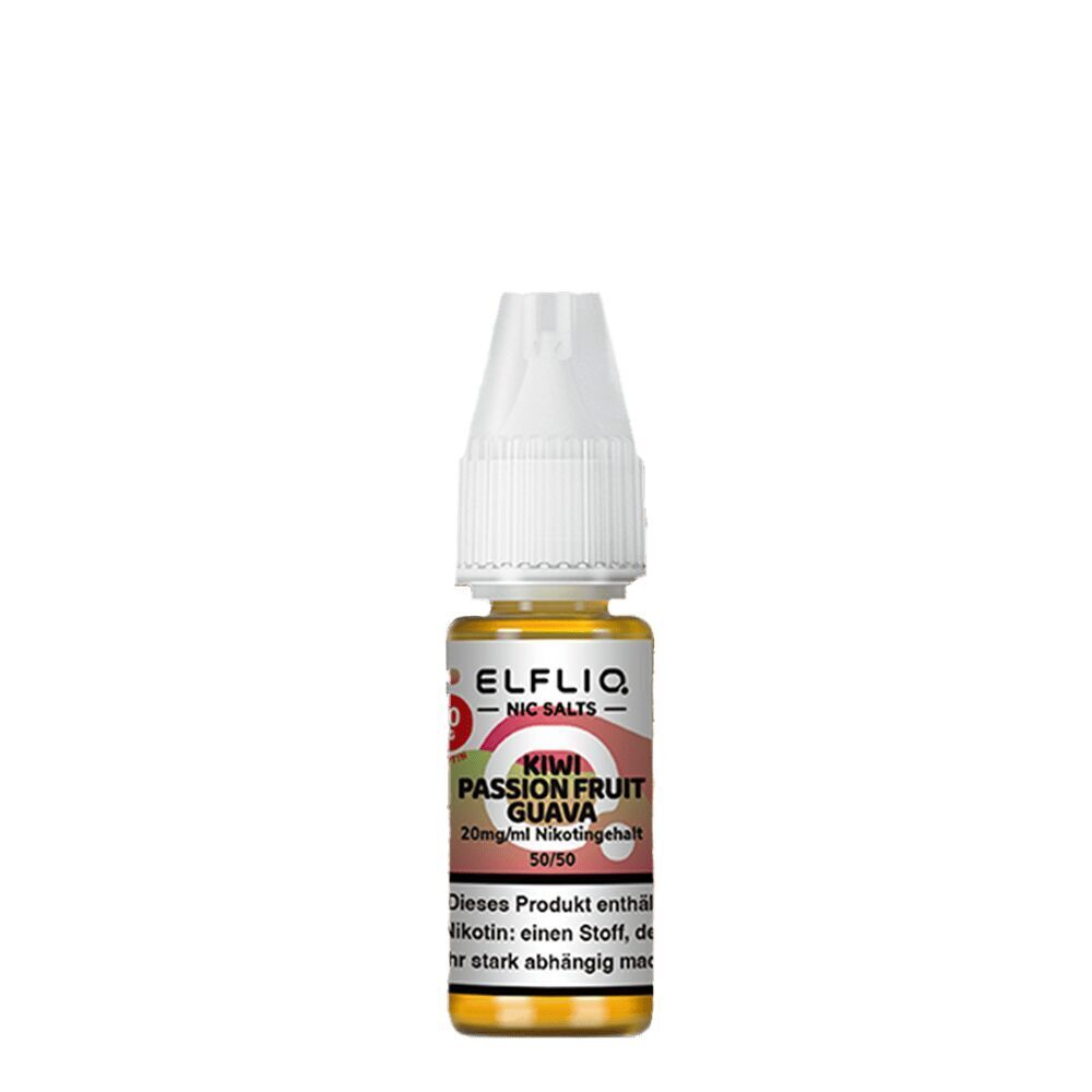 Elfliq Nikotinsalz - Kiwi Passion Fruit Guava 20mg Elfliq Nikotinsalz Flasche mit Kiwi Passion Fruit Guava Geschmack, 20mg/ml Nikotingehalte, zeigt Etikett und weißen Deckel