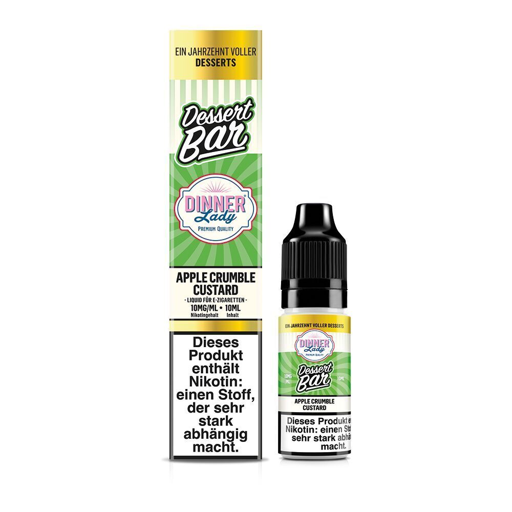 Liquid Apple Crumble Custard 10mg - Dinner Lady Nikotinsalz Dinner Lady Dessert Bar Nikotinsalzflasche und Verpackung, Geschmacksrichtung Apple Crumble Custard, Nikotinwarnung sichtbar