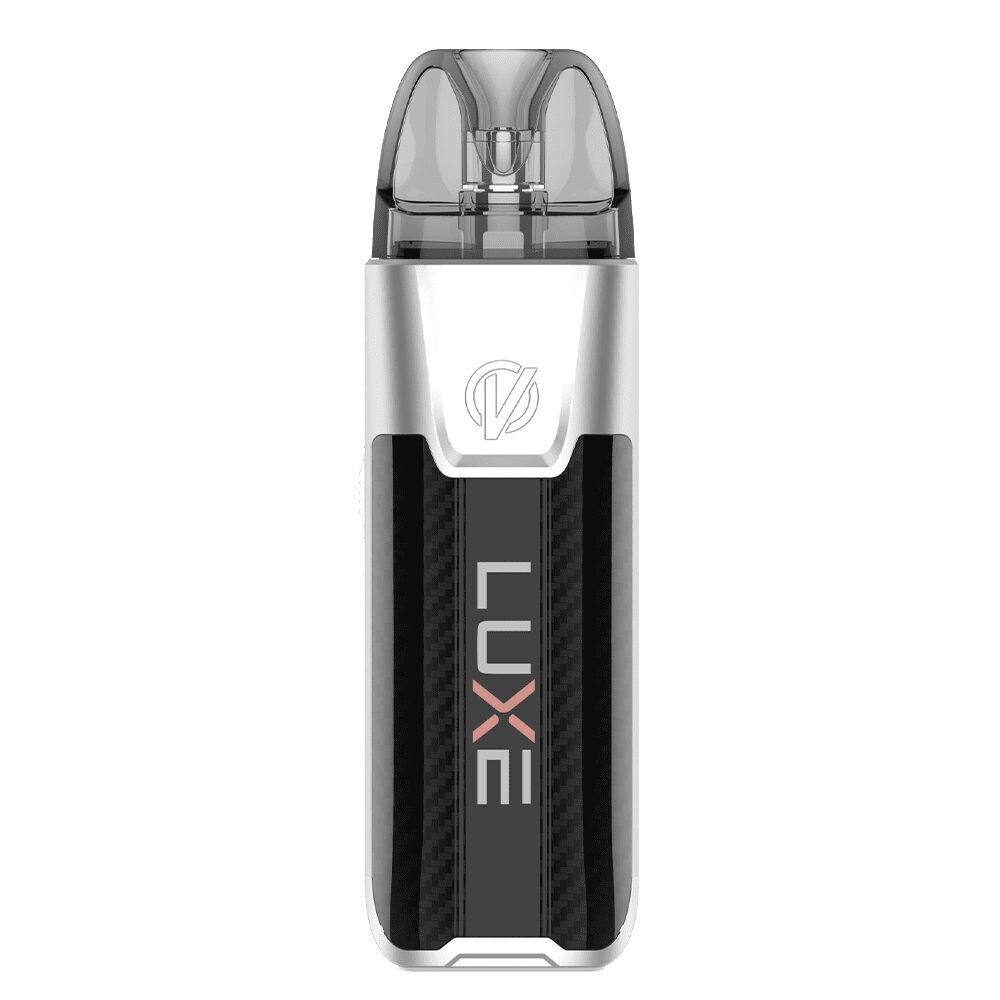 Vaporesso Luxe XR Max 2 Pod Kit in Silber mit durchsichtigem Mundstück, schwarzem, strukturiertem Mittelteil und Aufschrift „Luxe“.