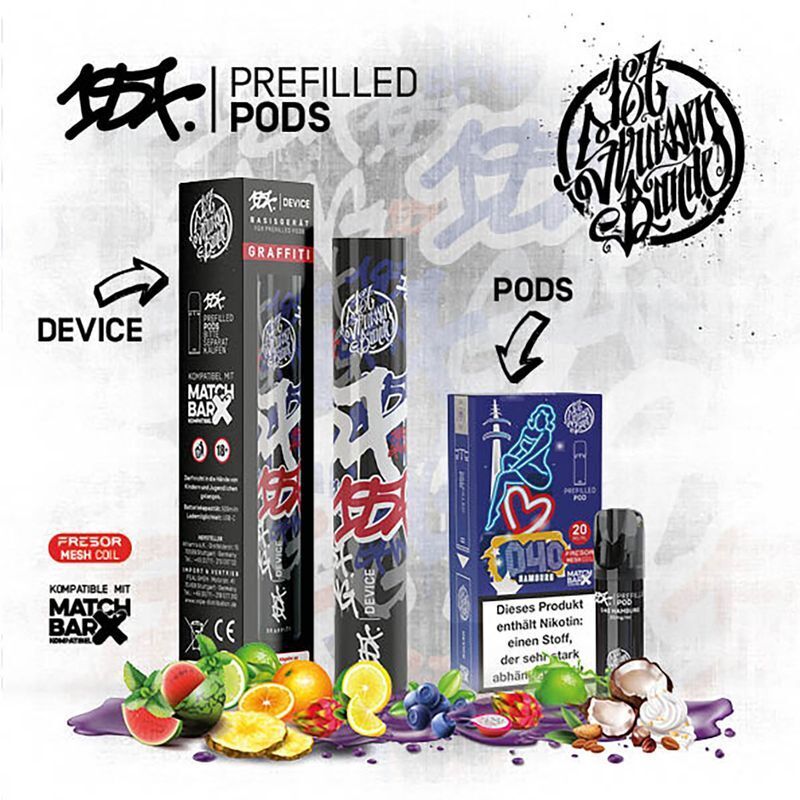 187 Strassenbande Prefilled Pod Kit 187 Strassenbande Prefilled Pods und Device, verpackt mit Graffiti-Design, umgeben von Früchten; Warnhinweis zu Nikotin auf der Verpackung.