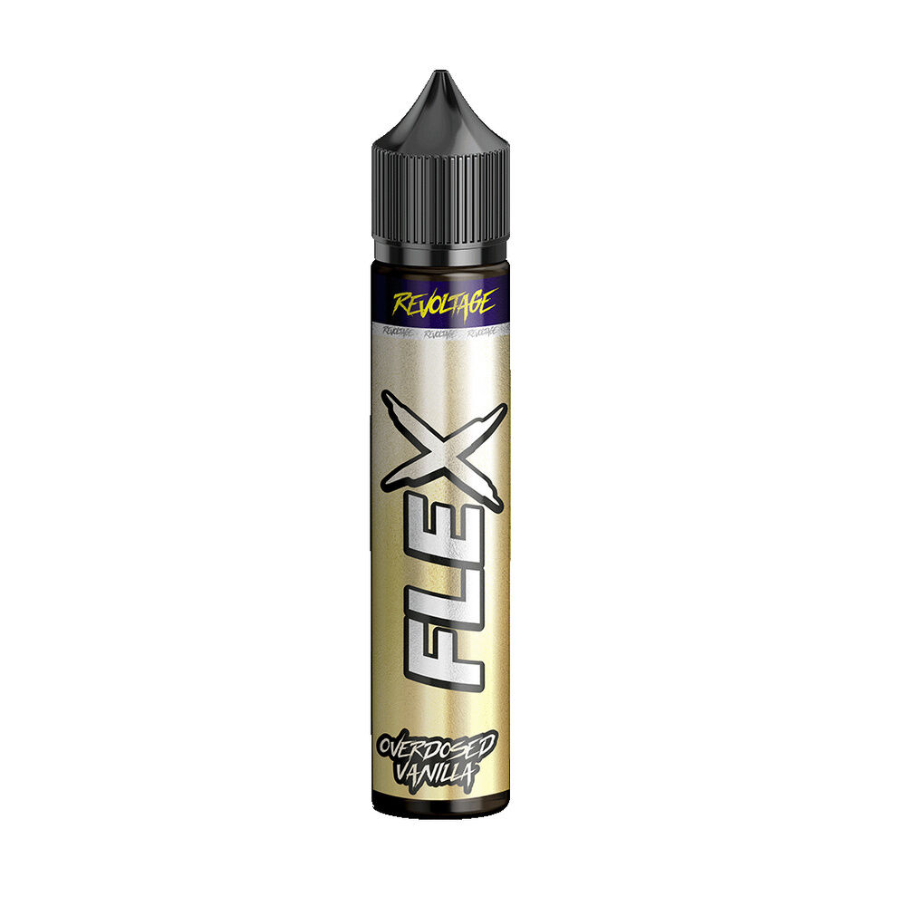 revoltage-flex-longfill-aroma-vanilla-7ml Revoltage Flex Longfill Aroma Vanilla Flasche mit schwarzem Deckel und goldener Etikettierung, "FLEX" und "Overdosed Vanilla" Text sichtbar