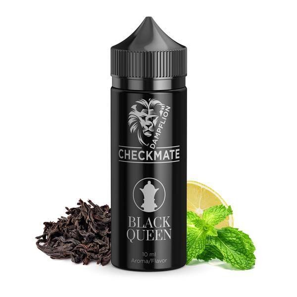 Aroma Black Queen von Dampflion Checkmate Dampflion Checkmate Black Queen Flasche mit Teeblättern, frischer Minze und einer Zitronenscheibe im Hintergrund.