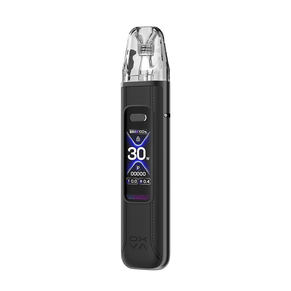 Oxva Xlim Pro Pod Kit in schwarzem Leder mit Display, zeigt 30W Leistung an, durchsichtiges Mundstück, kompaktes und elegantes Design