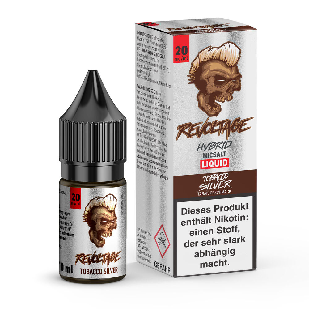 Flasche und Schachtel von Revoltage Tobacco Silver Hybrid Liquid mit Totenkopf-Logo und Nikotinhinweis, schwarze Kappe, 20 mg/ml.