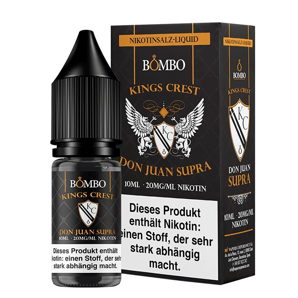 Flasche Kings Crest Nikotinsalz Don Juan Supra 20mg vor einer Verpackung, mit Text "Dieses Produkt enthält Nikotin" und Flügelmotiven.