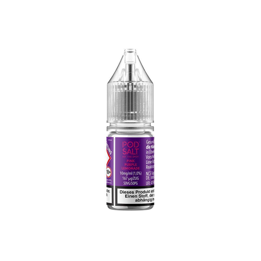 Liquid Pink Purple Lemonade von Pod Salt Xtra Flasche von Pod Salt Xtra Pink Purple Lemonade Nikotinsalz, lila Etikett, 10 mg/ml, 18+ Warnhinweis, durchsichtiger Verschluss