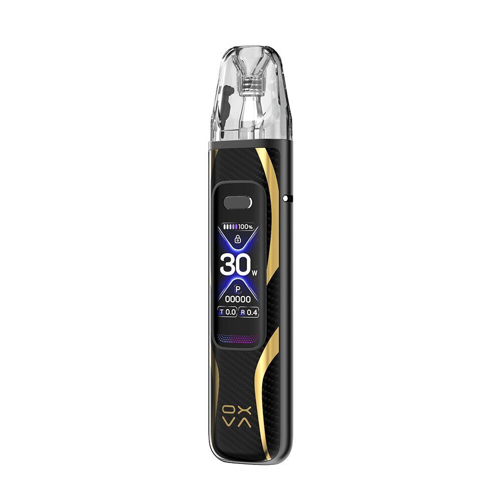 Oxva Xlim Pro 3 Pod Kit - Pro Carbon Oxva Xlim Pro 3 Pod Kit in Schwarz mit goldenen Akzenten, sichtbarem Display zeigt 30W Leistung, durchsichtiges Mundstück oben