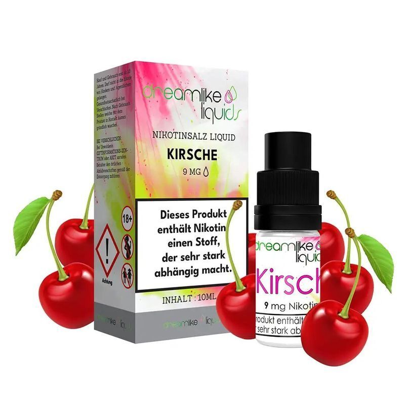 Liquid Kirsche von Dreamlike Liquids Flasche und Verpackung von Dreamlike Nikotinsalz Kirsche 9mg, mit Kirschmotiv und Hinweistext "Dieses Produkt enthält Nikotin"