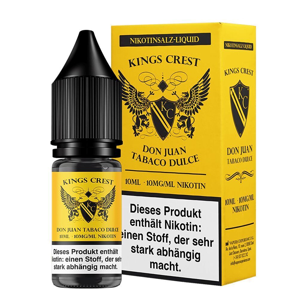 Kings Crest Nikotinsalz - Don Juan Tobaco Dulce Kings Crest Nikotinsalz Don Juan Tabaco Dulce 10mg Liquidflasche und gelbe Verpackung mit Adler-Emblem und Nikotinwarnung