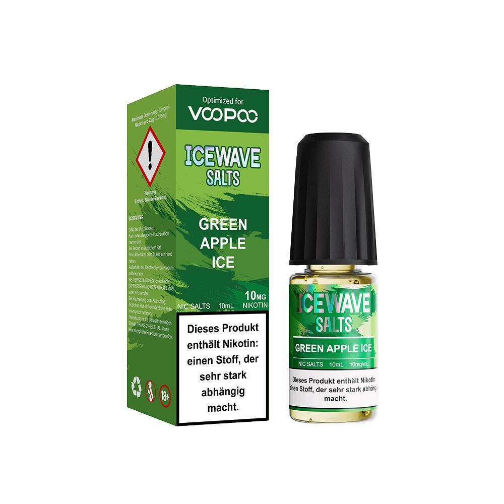 Icewave Nikotinsalz - Green Apple Ice 10mg Icewave Salts Green Apple Ice Nikotinsalz 10mg Flasche und Verpackung mit Warnhinweis: "Dieses Produkt enthält Nikotin".
