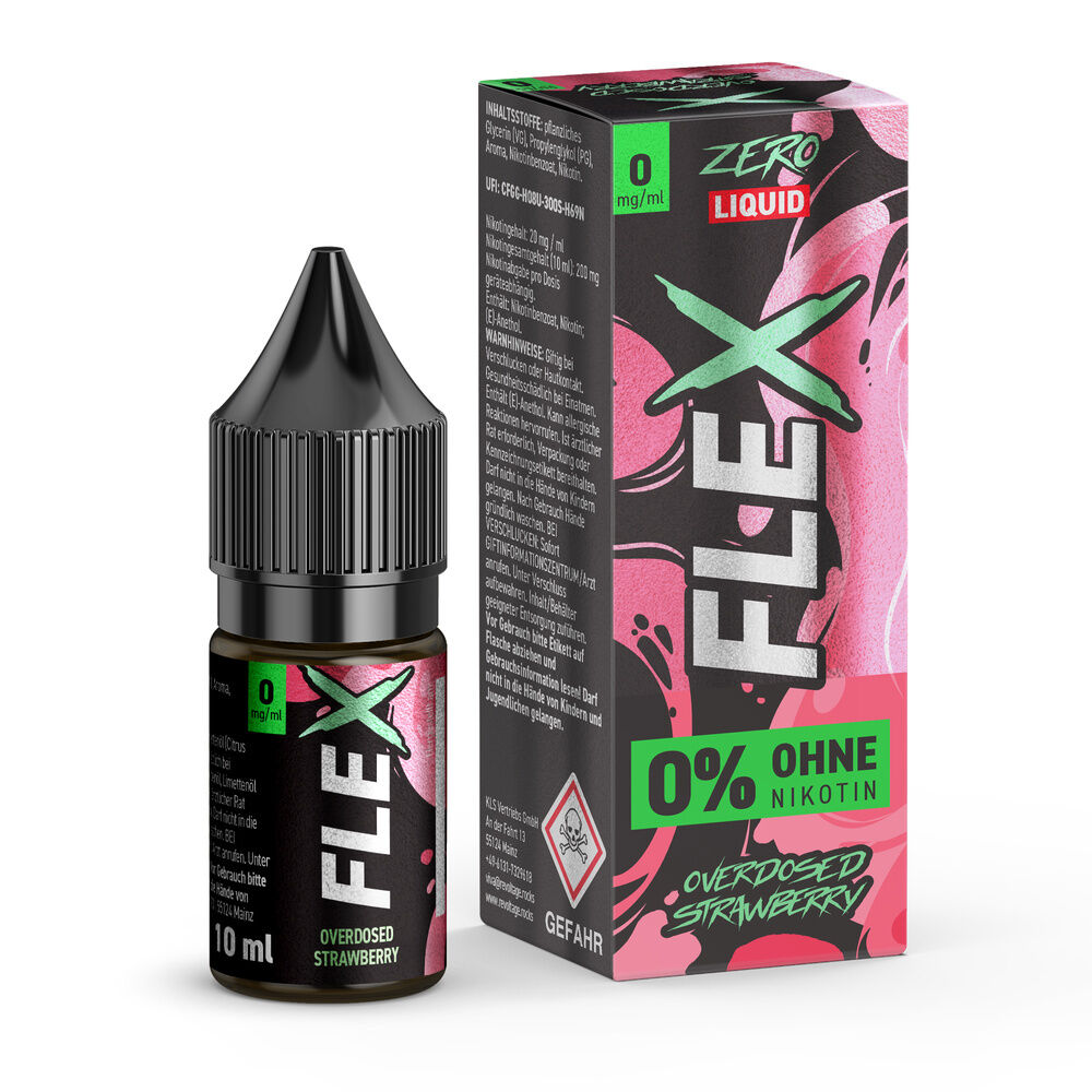 Revoltage Flex Nikotinsalz - Strawberry Revoltage Flex Nikotinsalz Strawberry Flüssigkeit, 0% Nikotin, 10 ml Flasche mit passender Verpackung in Schwarz und Pink.