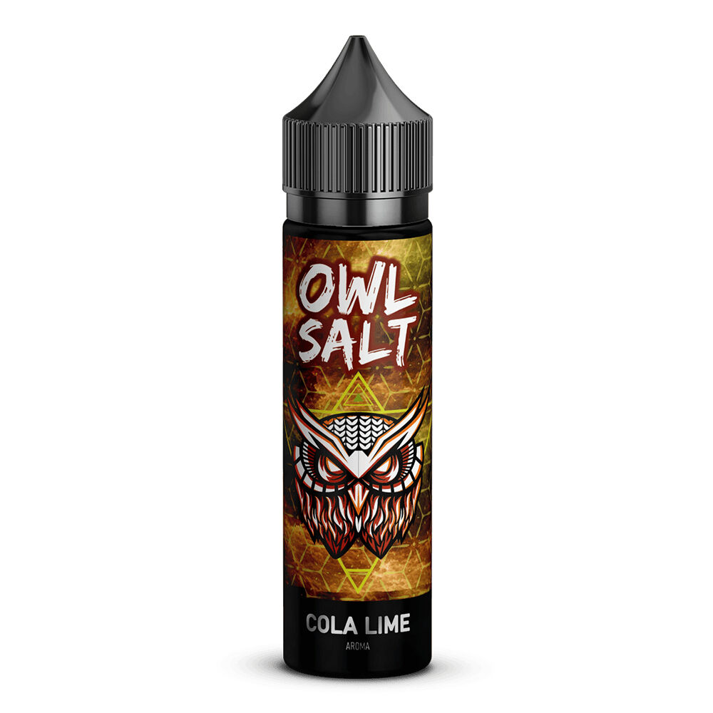 Owl Salt Aroma - Cola Lime Owl Salt Aroma-Flasche mit Eulendesign und der Aufschrift "Cola Lime" auf einem dunklen, geometrisch gemusterten Hintergrund