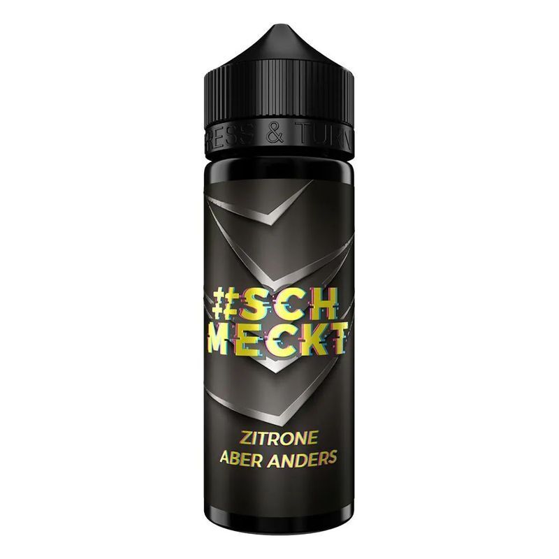 Aroma Zitrone aber anders von #schmeckt Flasche mit schwarzem Etikett, bedruckt mit "#schmeckt" in bunten Buchstaben und Text "Zitrone aber anders", schwarzer Verschluss.
