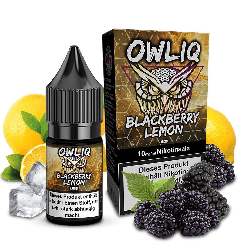 Owliq Nikotinsalz - Blackberry Lemonade Owliq Nikotinsalz Blackberry Lemonade-Flasche und Verpackung mit Zitronen, Brombeeren und Eiswürfeln im Hintergrund.