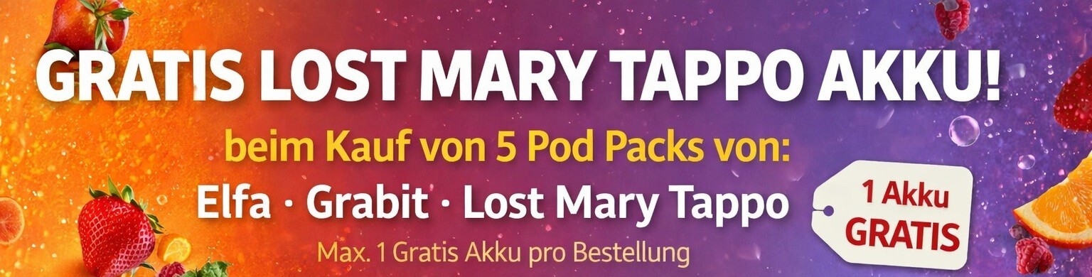 Gratis Lost Mary Tappo Akku beim Kauf von 5 Pod Packs – Elfa, Grabit & Lost Mary