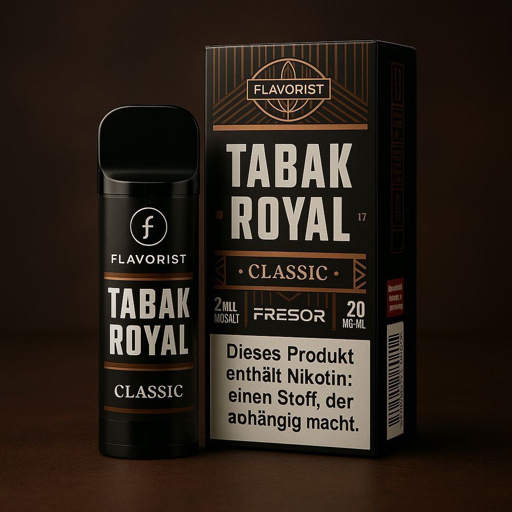 Flavorist Pods - alle Sorten - mit Nikotin Flavorist Pods Tabak Royal Classic Verpackung 20mg Nikotinsalz, schwarze Verpackung mit weißen und goldenen Elementen, Hinweis auf Nikotingehalt
