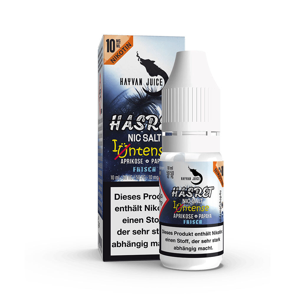 Hayvan Juice Nikotinsalz - Hasret 10mg Hayvan Juice Intense Nikotinsalz Flasche und Verpackung mit Aufschrift Hasret, Aprikose, Papaya, Frisch, 10 mg Nikotin, 10 ml.