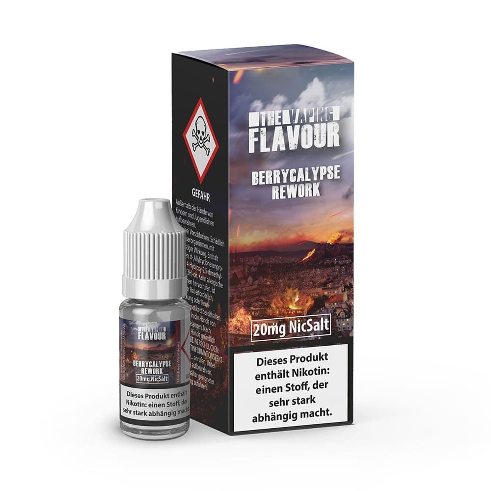 Liquid Berrycalypse 20mg - The Vaping Flavour Flasche und Karton von The Vaping Flavour Nikotinsalz Berrycalypse 20mg mit Warnhinweis über Nikotinabhängigkeit, Berglandschaft im Hintergrund