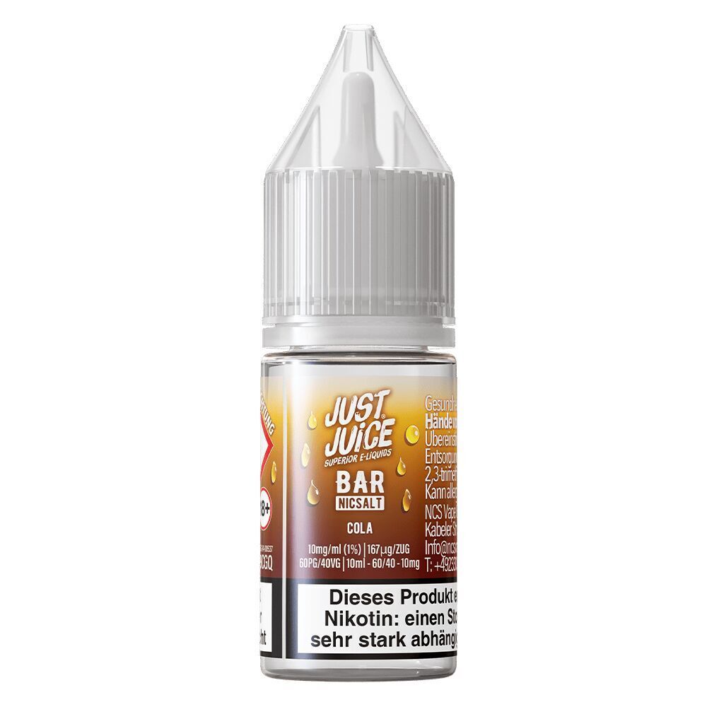 Liquid Cola 10mg - Just Juice Just Juice Nikotinsalz Cola 10mg Flasche mit tropffreiem Verschluss und farbigem Etikett, Gesundheitswarnhinweise gut sichtbar.