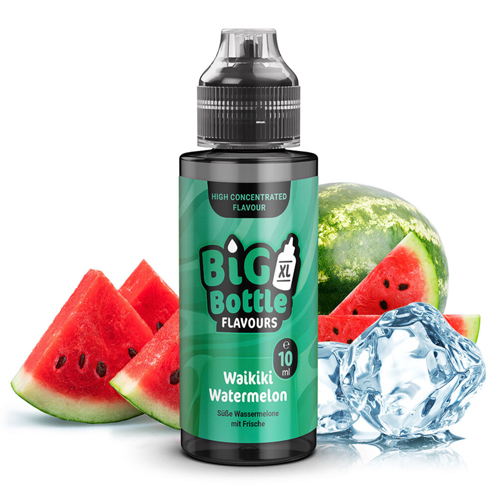 Aroma Waikiki Watermelon von Big Bottle Flavours Flasche mit Big Bottle Flavours Aroma Waikiki Watermelon, umgeben von Wassermelonenstücken und Eiswürfeln