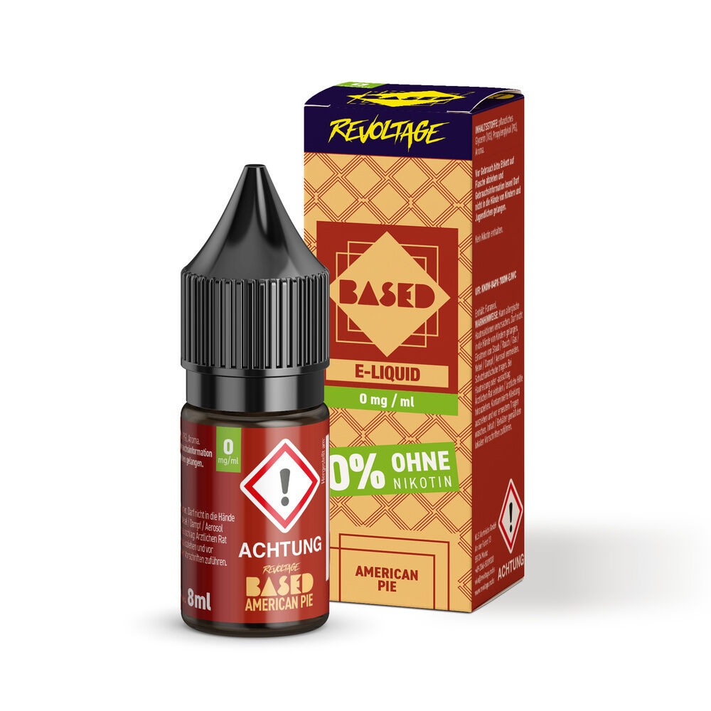 Revoltage Based Hybrid Liquid - American Pie Flasche und Verpackung von Revoltage Based Hybrid Liquid American Pie, nikotinfrei, mit Warnsymbol und E-Liquid Aufschrift.