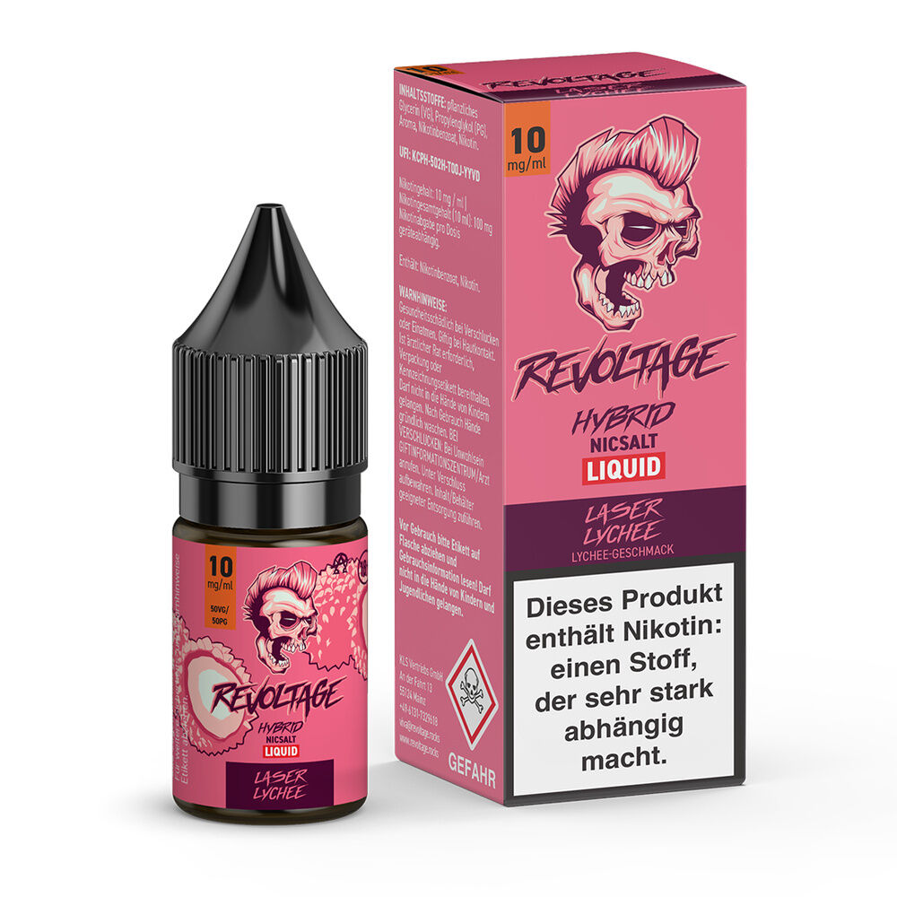 Revoltage Hybrid Liquid - Laser Lychee Revoltage Hybrid Liquid Laser Lychee in pinker Verpackung mit Totenkopf-Design und Warnhinweis, 10 mg/ml Nikotinsalz.