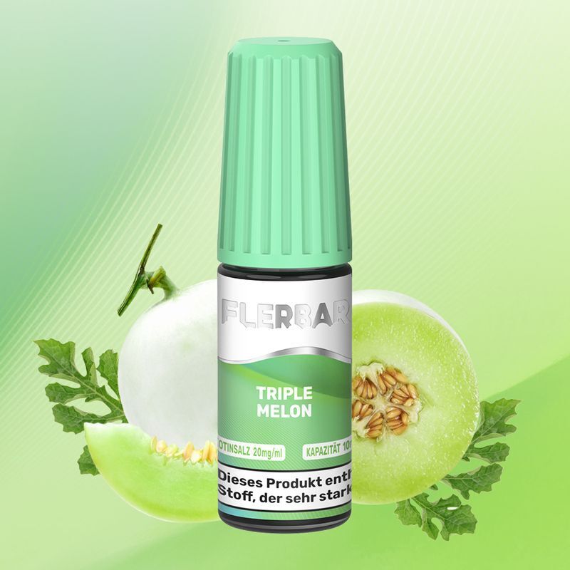 Liquid Triple Melon von Flerbar Flerbar Nikotinsalz Triple Melon Flasche vor geschnittener Honigmelone und Blättern, grün-weißes Design, Kapazität 10 ml, 20 mg/ml