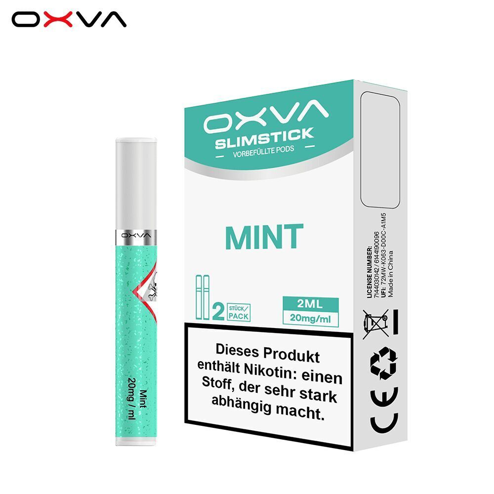 Oxva Slimstick Pods Mint - 20mg Nikotinsalz Oxva Slimstick Pods Mint 20mg, türkises Design mit Markenlogo, enthält Nikotin, 2 Stück pro Packung, 2ml, 20mg/ml.