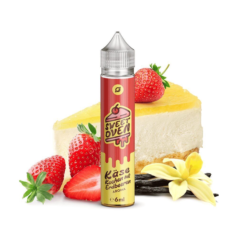 Flavorverse Aroma - Käsekuchen mit Erdbeeren Aromaflasche Flavorverse Käsekuchen mit Erdbeeren vor einem Stück Käsekuchen, dekoriert mit frischen Erdbeeren und Vanilleblüte