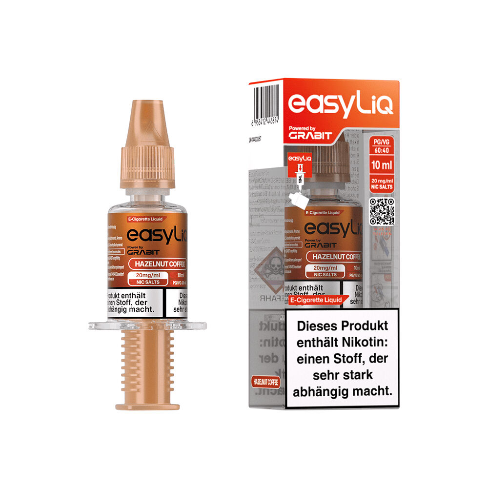 Grabit EasyLiQ Liquid - Hazelnut Coffee 20mg Flasche und Verpackung von Grabit EasyLiQ Hazelnut Coffee 20mg E-Cigarette Liquid mit Warnhinweis auf Nikotinsuchtgefahr.