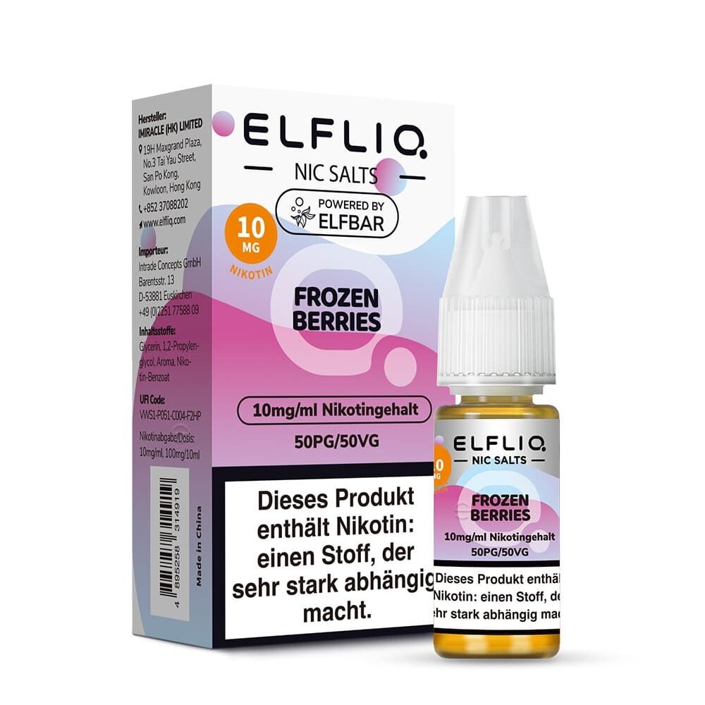 Elfliq Nikotinsalz - Frozen Berries 10mg Elfliq Nikotinsalz Frozen Berries Packung und Flasche mit 10mg/ml Nikotingehalt, 50PG/50VG, Hinweis auf Nikotinhaltigkeit sichtbar