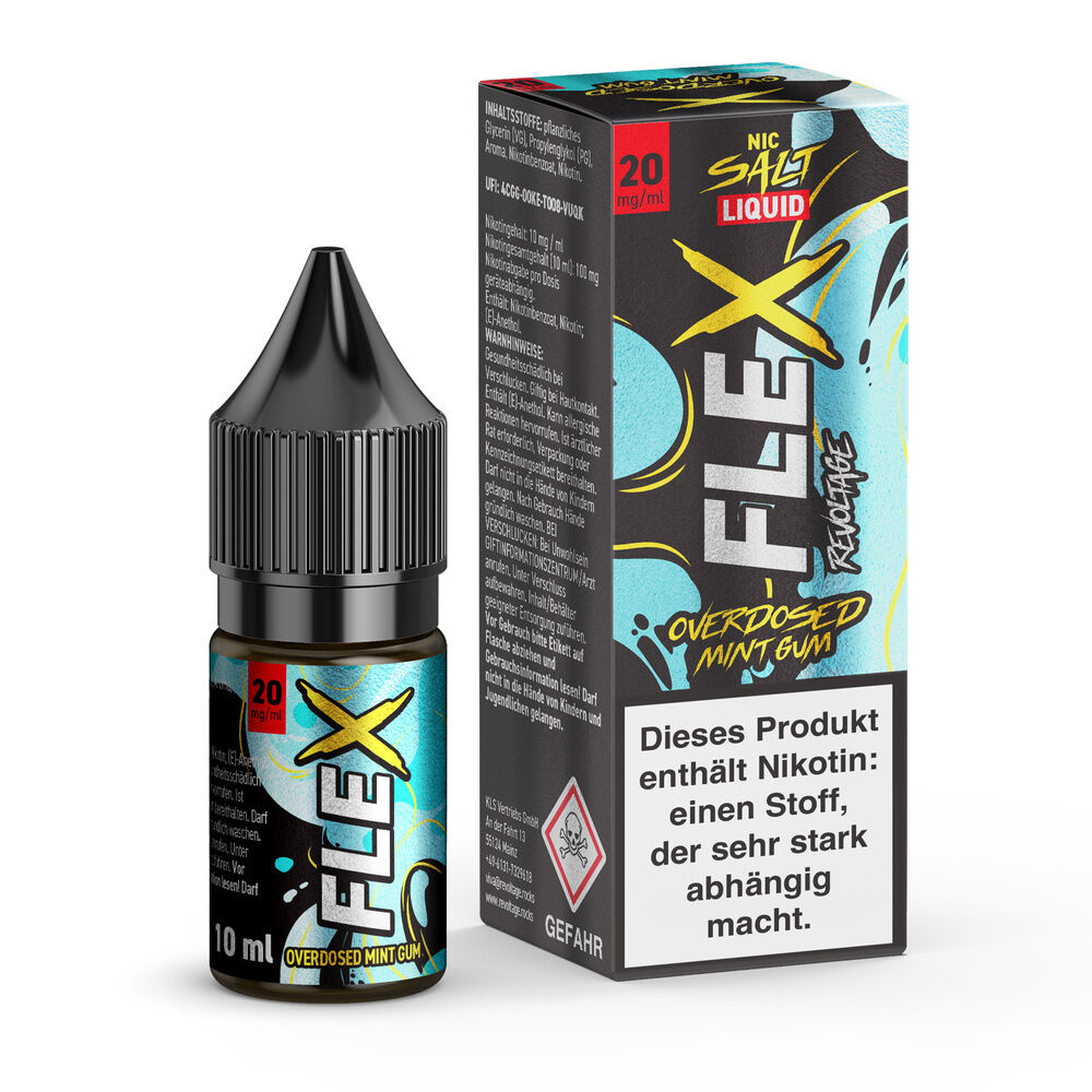 ReVoltage Flex Nikotinsalz Liquid Mint Gum 20 mg mit Flasche und Verpackung, Warnhinweise auf Vorderseite sichtbar.
